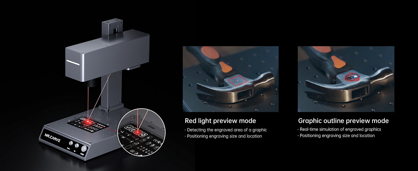 Red light preview mode
Detecting the engraved area of a graphic
Positioning engraving size and location
Graphic outline preview mode
Real-time simulation of engraved graphics
Positioning engraving size and location