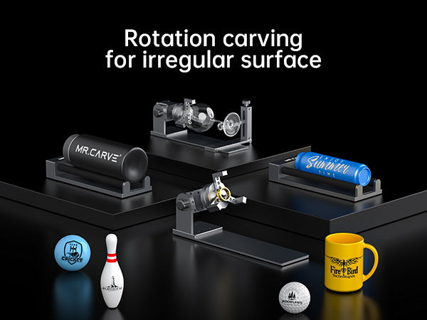 Rotation carving for irregular surface
Can easily carve conical, spherical, cylindrical, annular inner
or outer walls and other shapes with adiameter of 3mm to 200mm