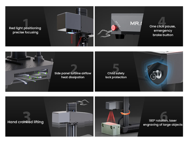 Red light positioning precise focusing
Side panel turbine airflow heat dissipation
Hand cranked lifting
One click pause,emergency brake button
Child safety lock protection
180° rotation, laser engraving of large objects